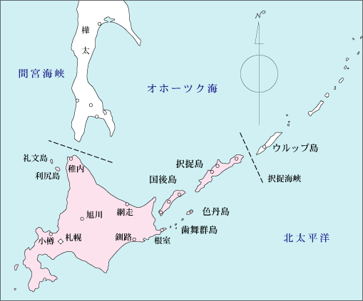 日方主张的北方四岛(南千岛群岛)划分,包括齿舞群岛,色丹岛,国后岛,择