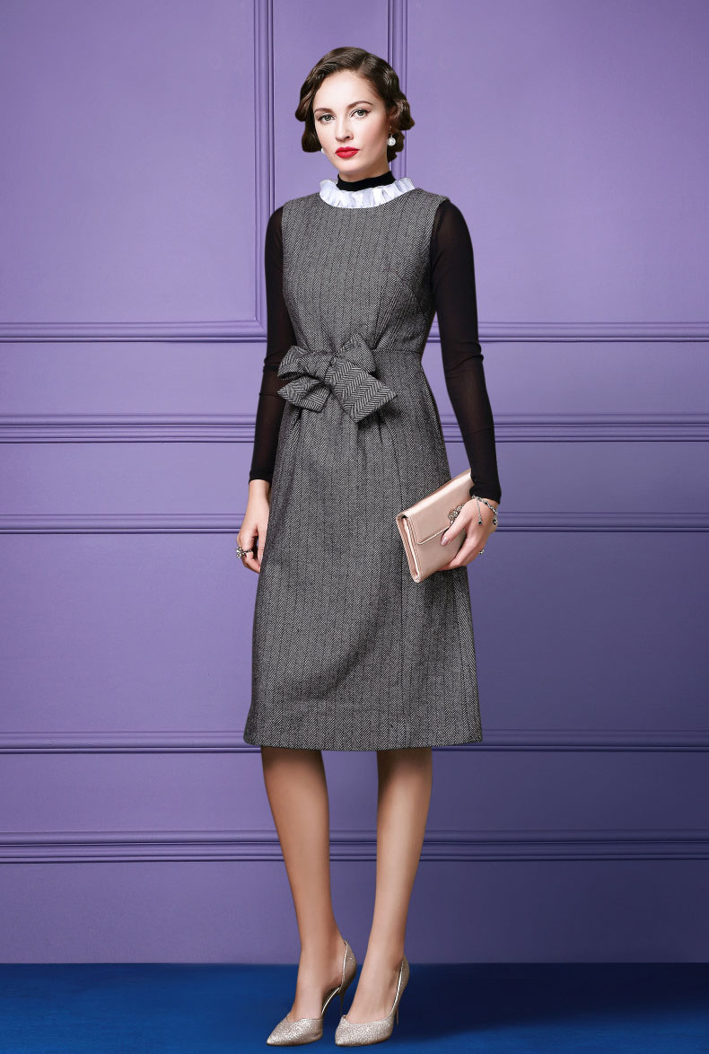 大蝴蝶结灰色斜纹背心连衣裙,欧美潮流朔造高贵女人气质