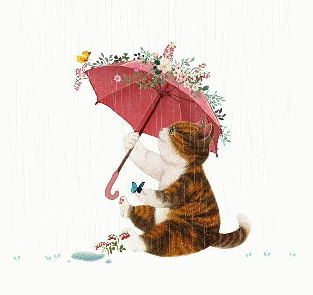 呆萌可爱的喵咪绘画,形神兼备,相当有爱,雨中打伞的喵咪.
