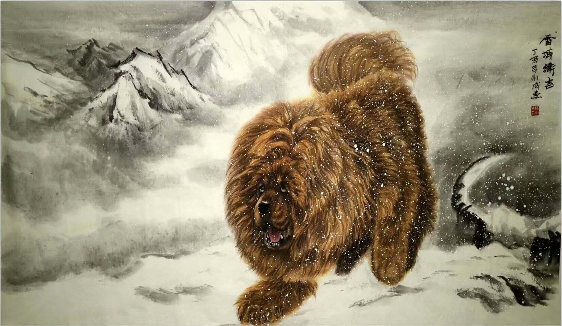 广西画家林则成工笔画《雪域雄风-藏獒》欣赏