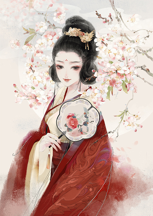 二次元古风手绘少女壁纸,悲伤浮现指流年,伊人流尽千