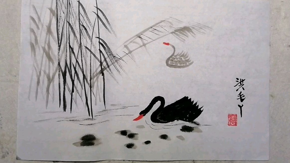 《河塘里游玩的黑天鹅》写意画