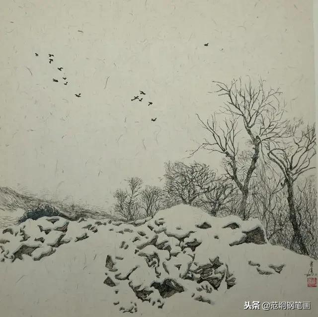 雪景系列钢笔画,都是一个色调的村落