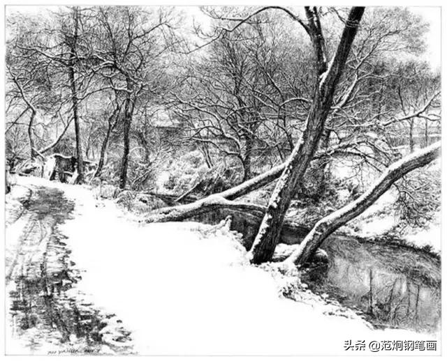 很写实的钢笔画雪景,大师之作,一幅画不知道要画多久