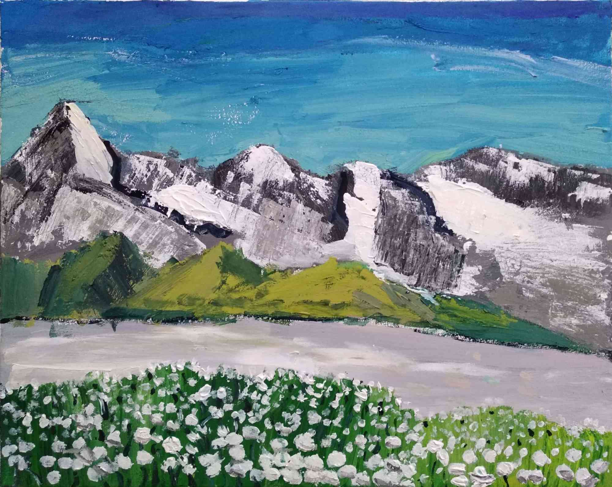 一格画画少儿美术教育学院学员丙烯绘画作品《阿尔卑斯山》