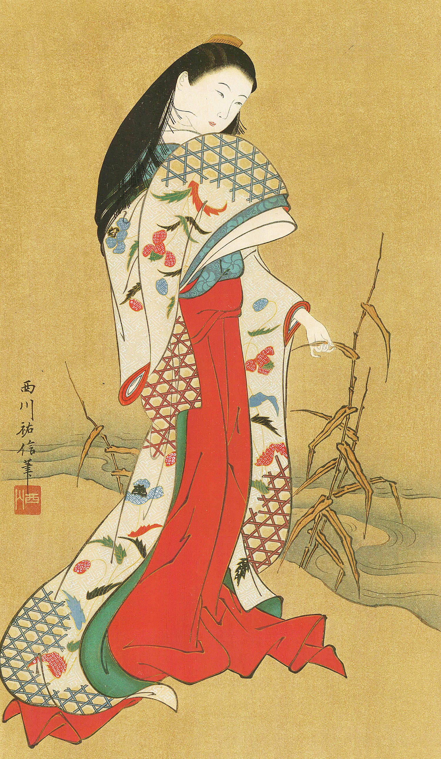 左手托腮,右手执器,侧脸斜身坐在条凳上,应该是在