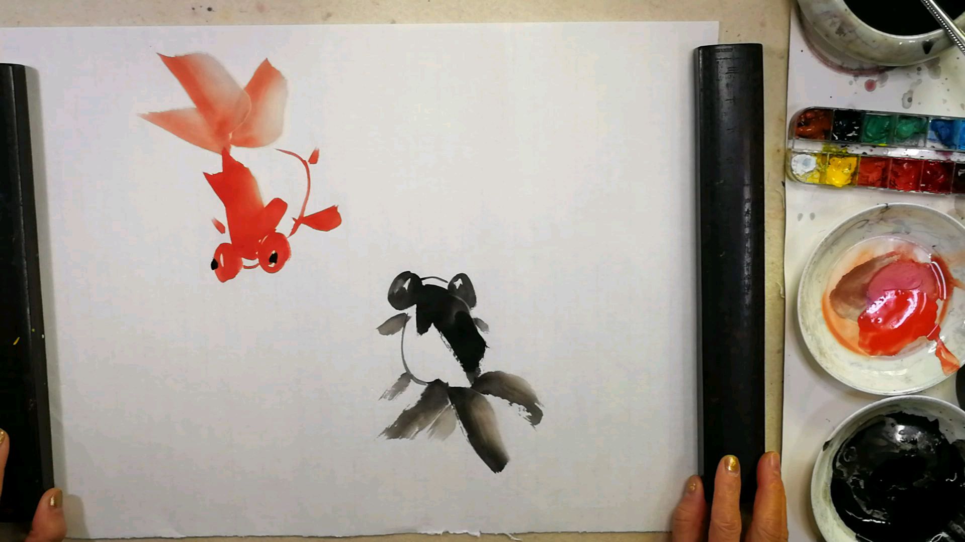 国画普及。第七章金鱼的画法。第三节金鱼动态及设色的临摹参考