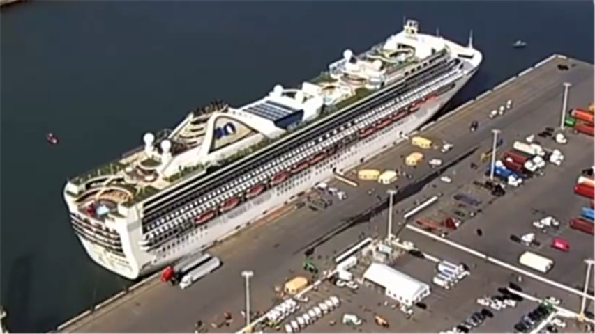 航拍画面曝光!"至尊公主"号邮轮靠岸 乘客陆续下船