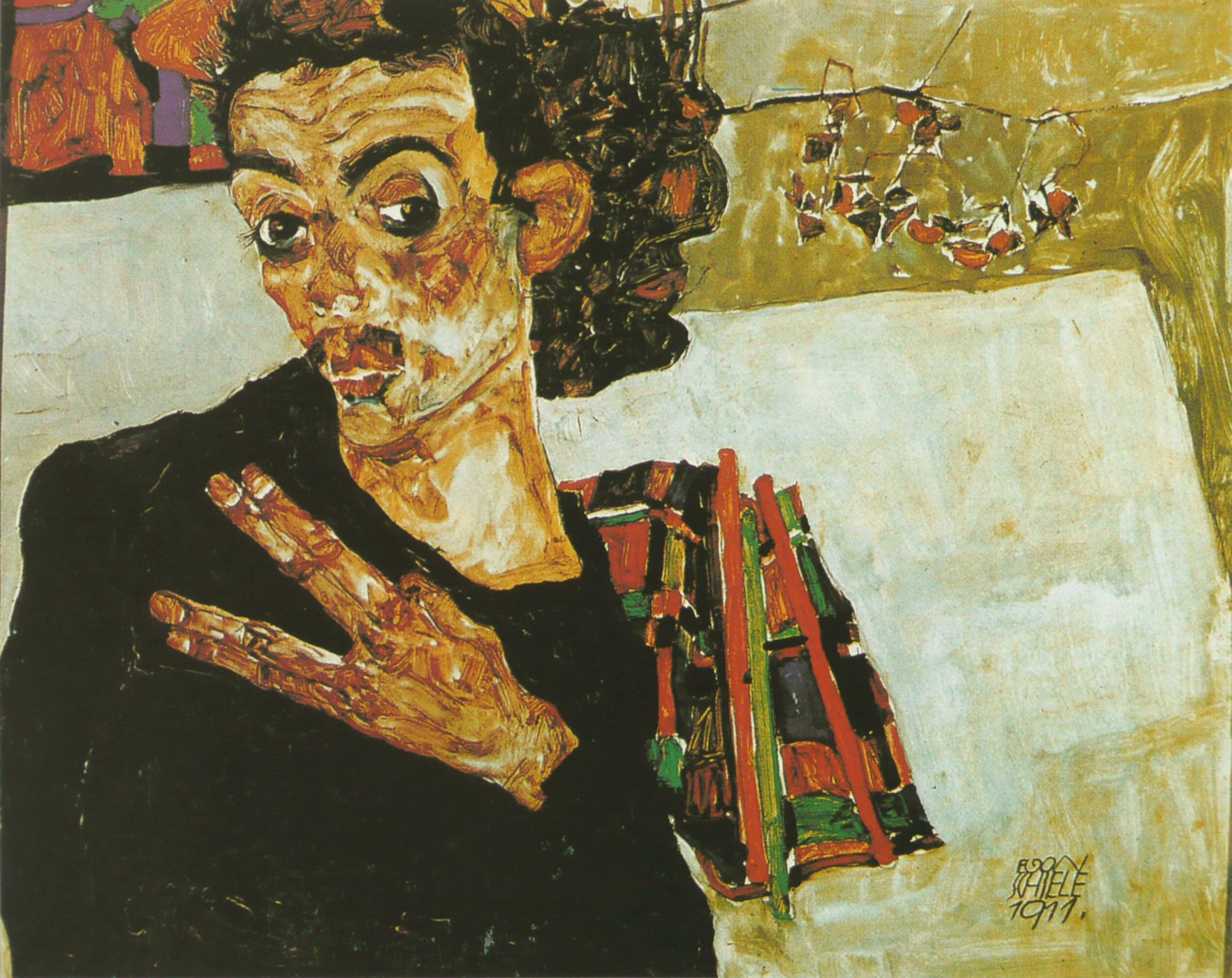 席勒作品线条扭曲,造型夸张,表现主义强烈