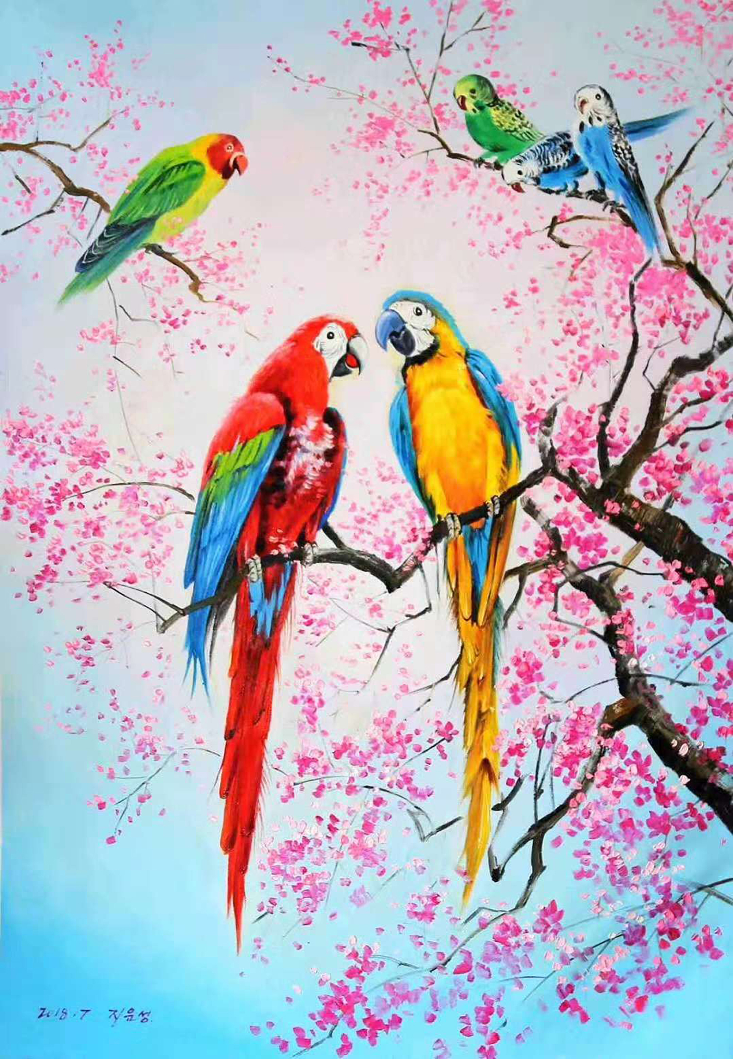 油画:一组描绘翠鸟,山雀和鹦鹉的花鸟画,请观赏