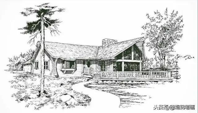 钢笔画现代建筑小屋,可以看到每一根线条