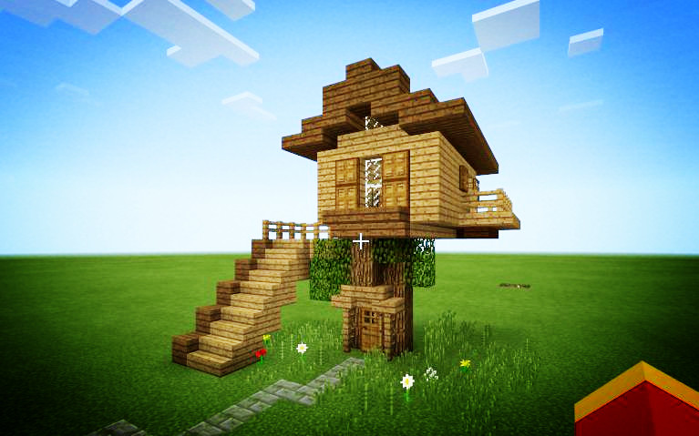 《我的世界》建造双通道带阳台的树屋,看起来就是这么自然美观