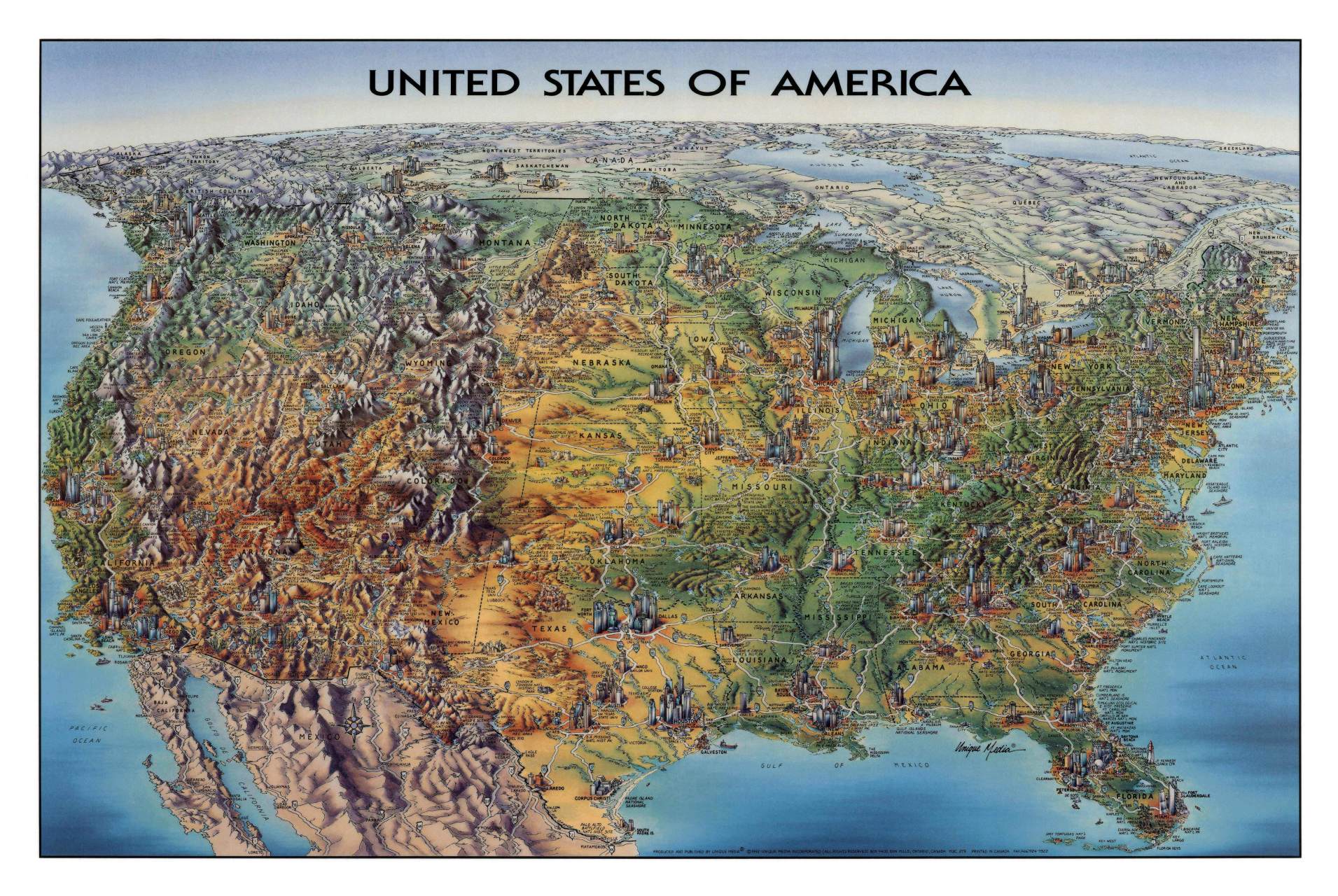 传统漫画风的三维美国地图. #地理# #绘画