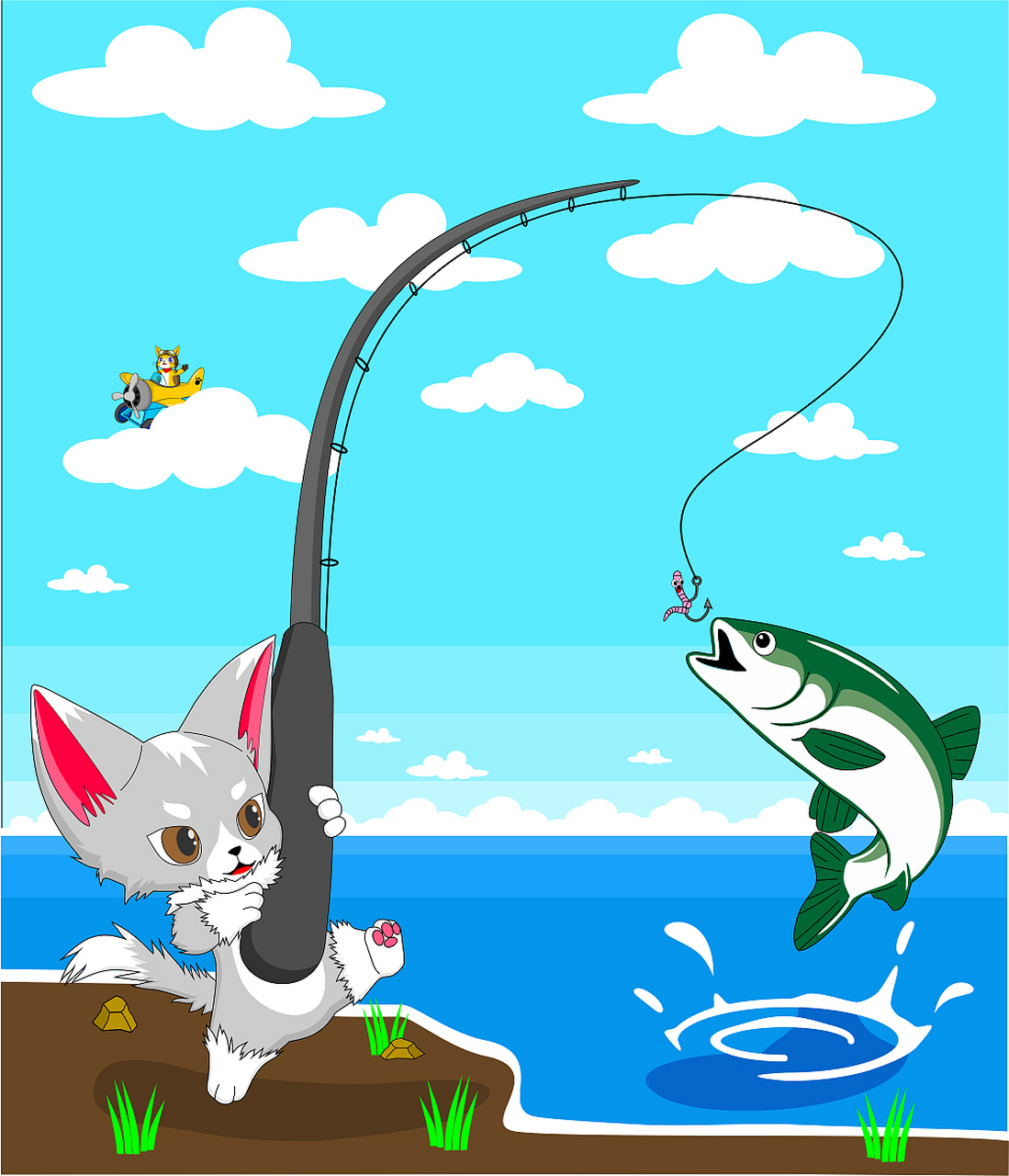 一只小猫在河边抓鱼,不小心掉进河里,小猫不停地大声喊:"救命呀!