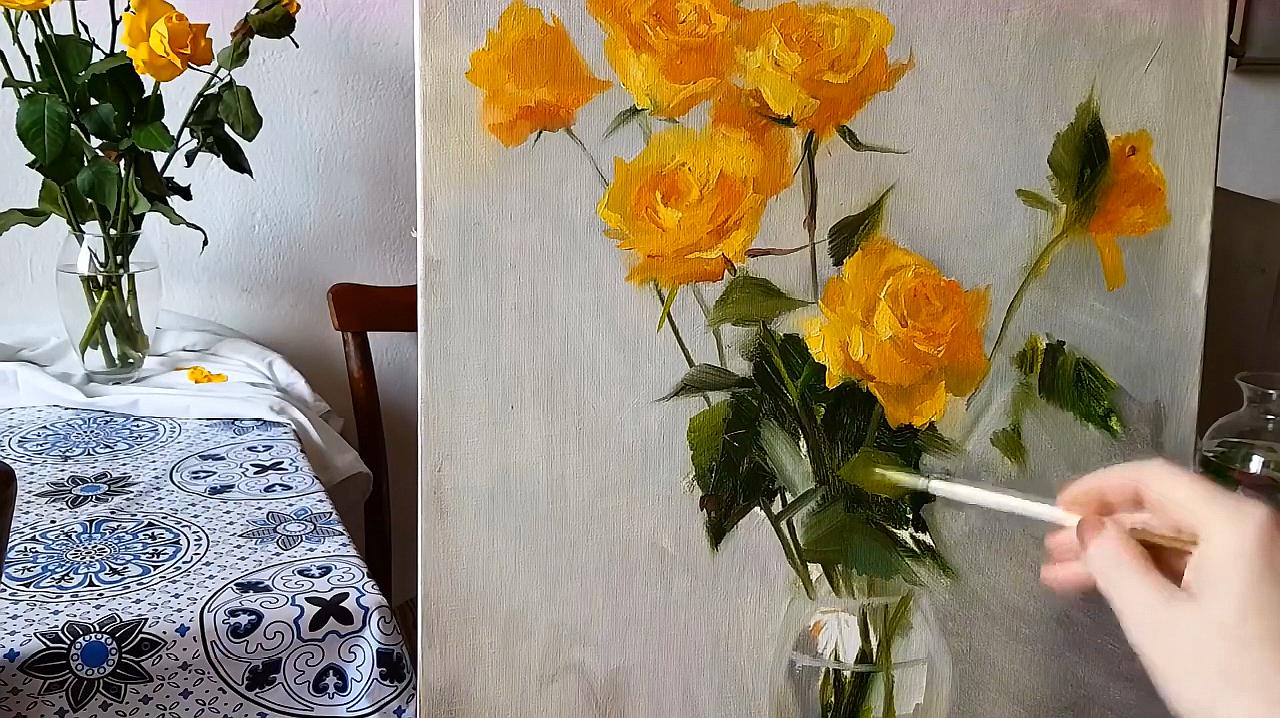 油画写生:黄色花卉示范,值得每一位油画爱好者收藏