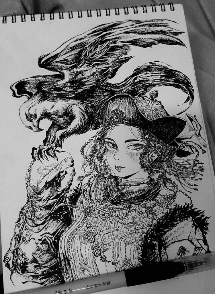 铅笔手绘,欧式复古风的卡通人物线稿,画风华丽