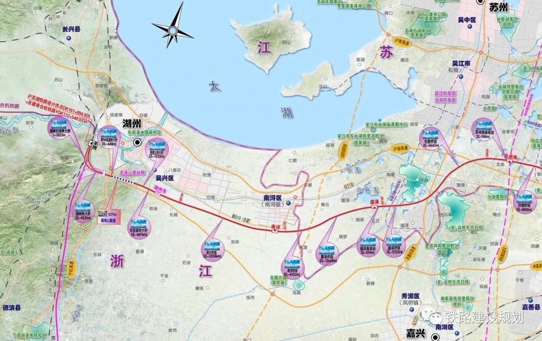沪苏湖高铁线路平面示意图▼主要工程内容包括路基235km,桥梁6座13