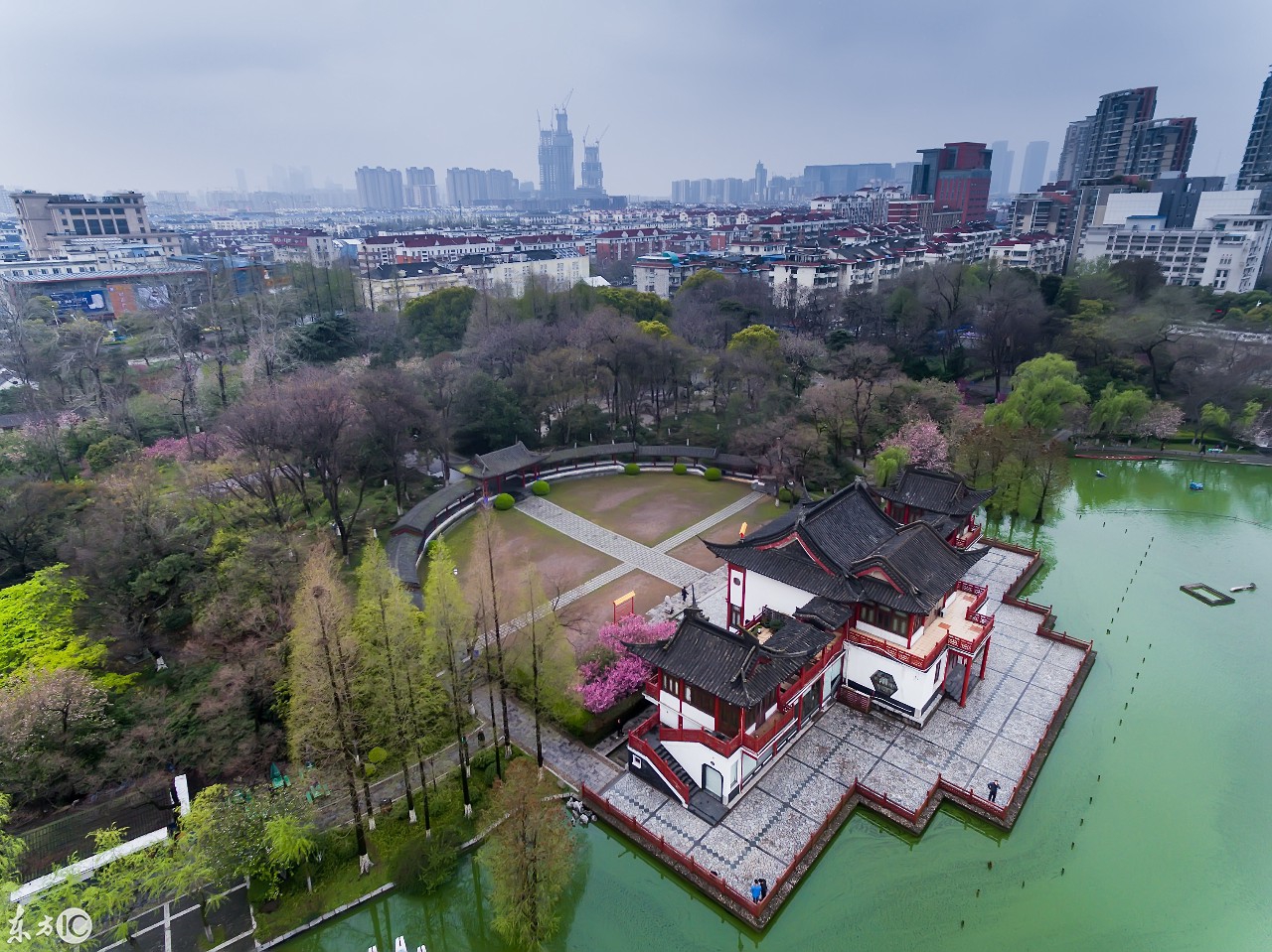 航拍南京莫愁湖,海棠盛开,风景如画!