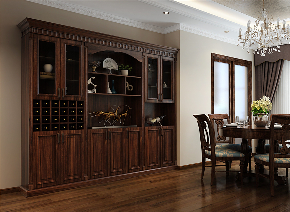 吧台式酒柜在现代家居中越来越受欢迎,餐桌旁边定制酒柜,中间以吧台做