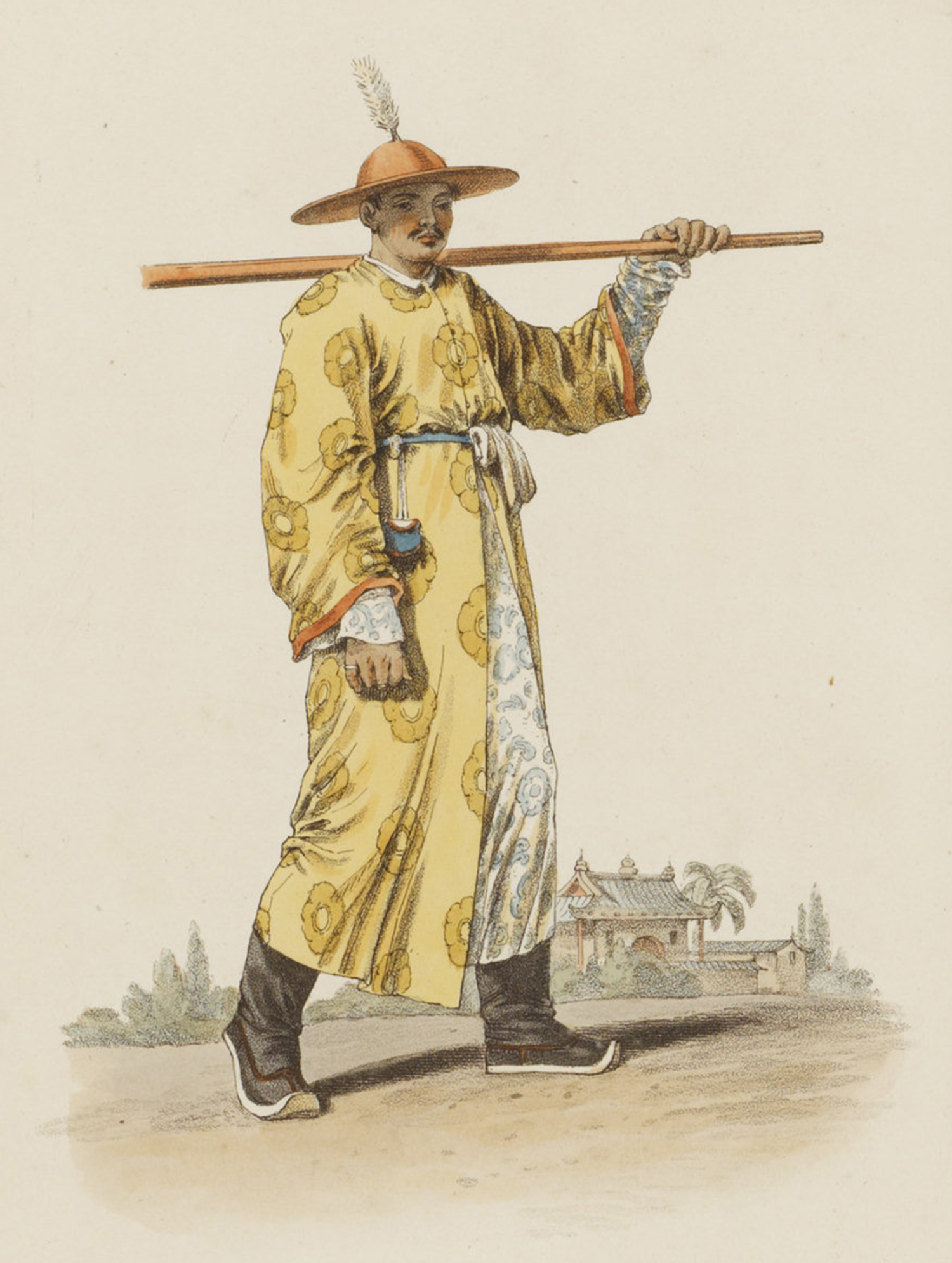 轿夫:肩台红轿杆,身着华服,应该是皇家的抬轿之人.