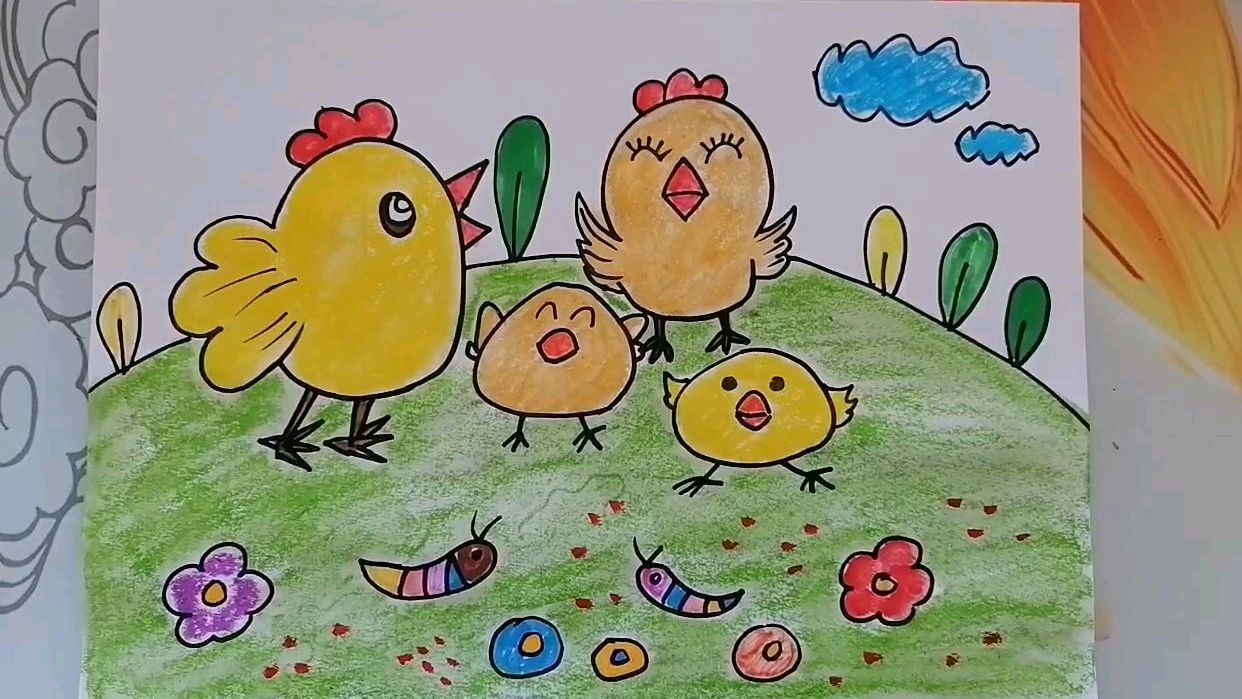 《春暖花开时快乐的小鸡一家》儿童画