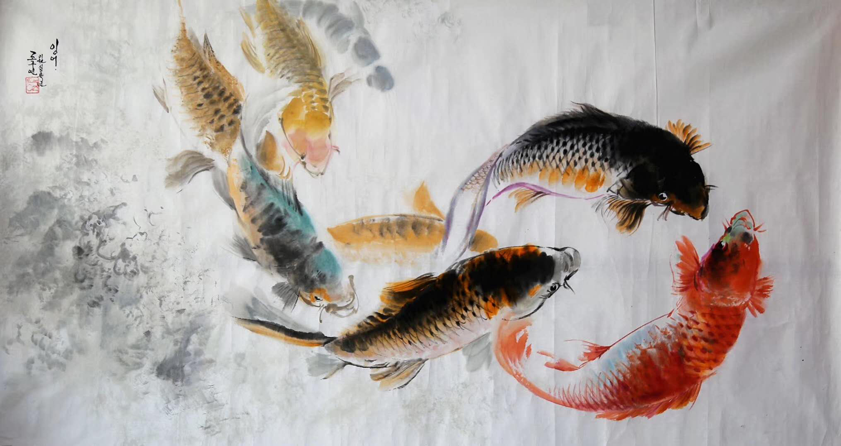 国画《锦鲤》,129*70