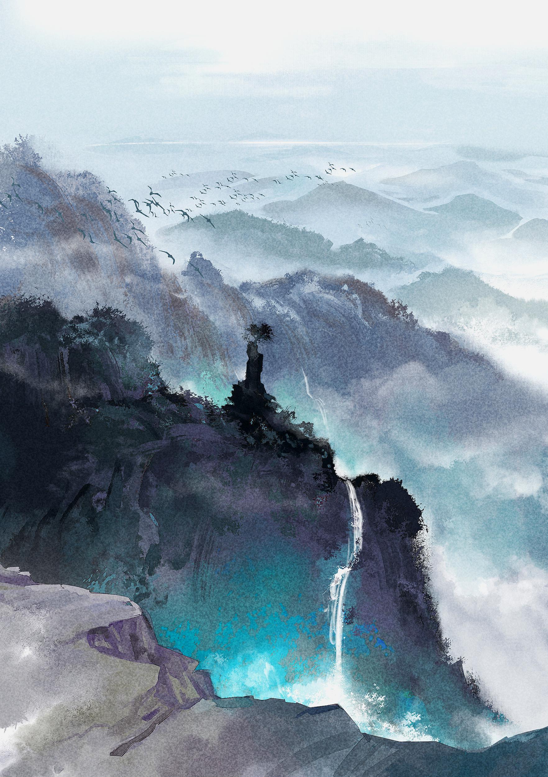 唯美古风壁纸 | 落日有情还照坐,山青一点横云破