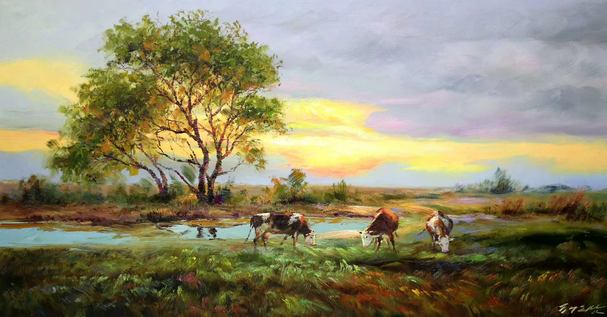 油画,有牛的风景