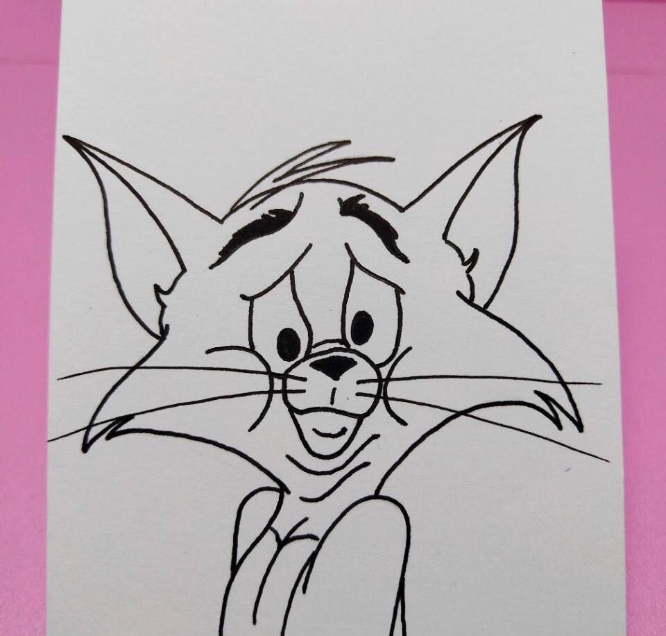 针管笔手绘,汤姆猫简笔画.害怕的汤姆猫