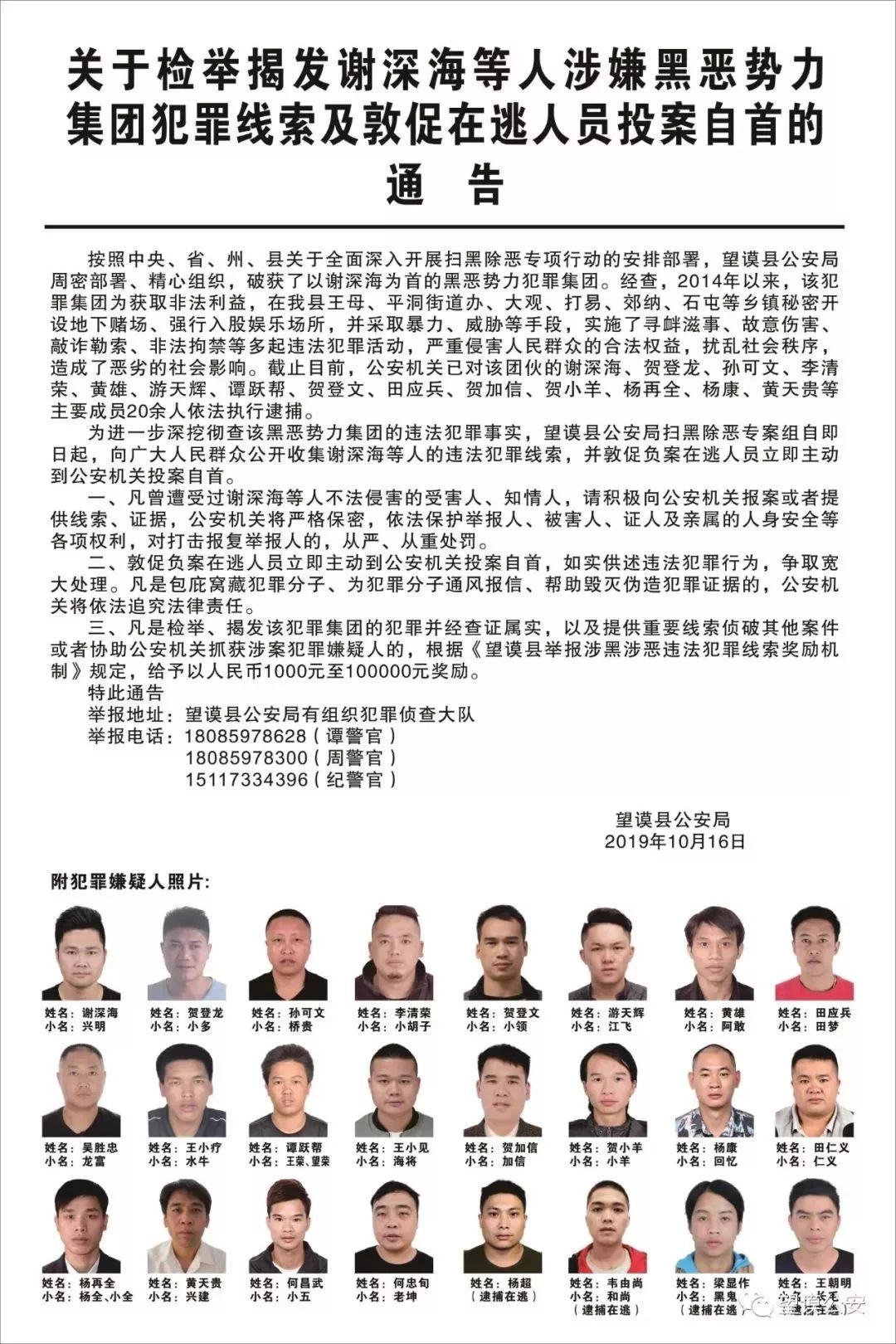 望谟:关于检举发谢深为首的黑恶势力犯罪集团违法犯罪线索的通告