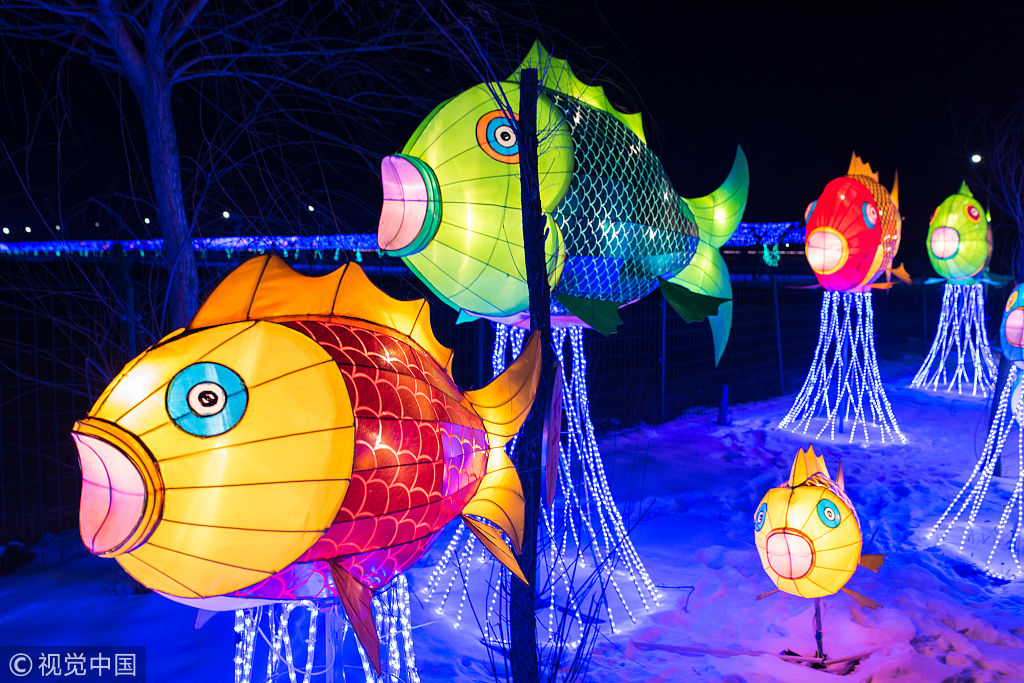 哈尔滨长岭湖鱼灯节开幕 流光溢彩夜景美