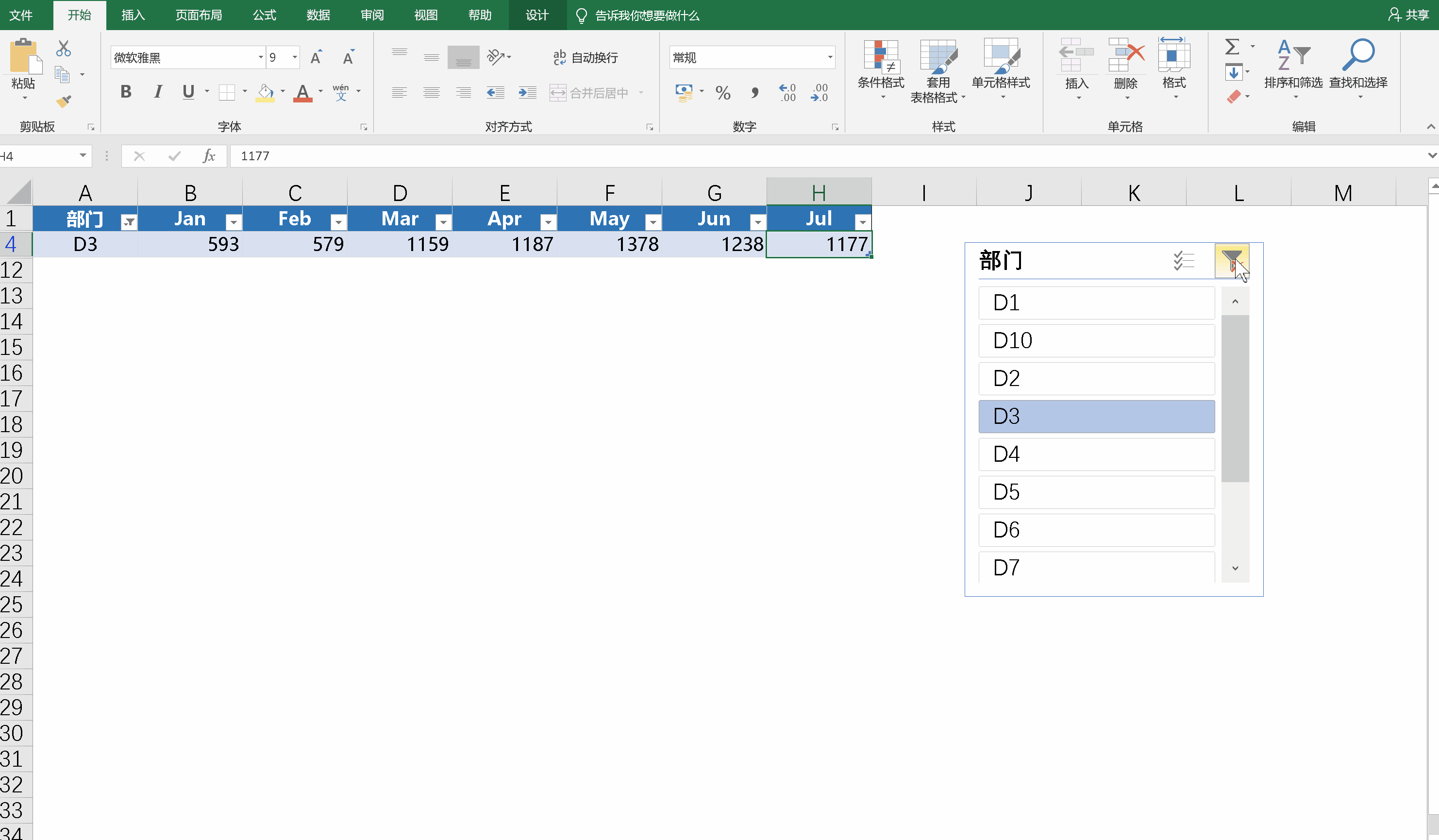 这样,使用切片器生成的动态图表就完成了,这种方法要比使用函数的