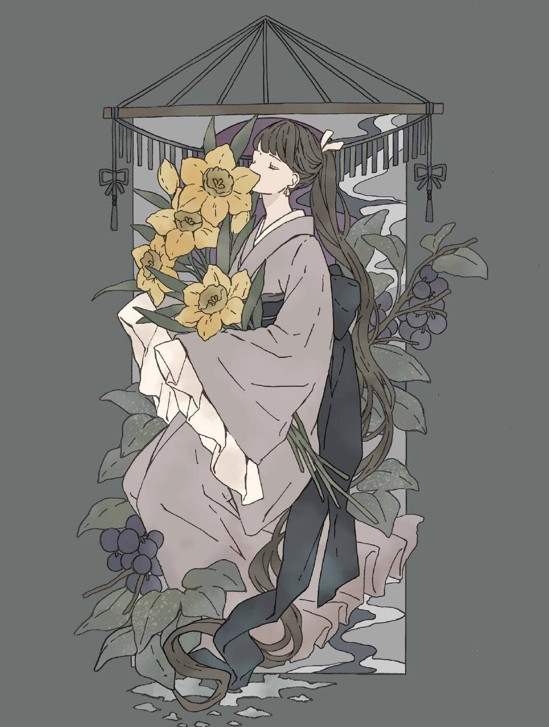 一组很有个人风格的暗色系人物插画,线条简洁,色调沉稳