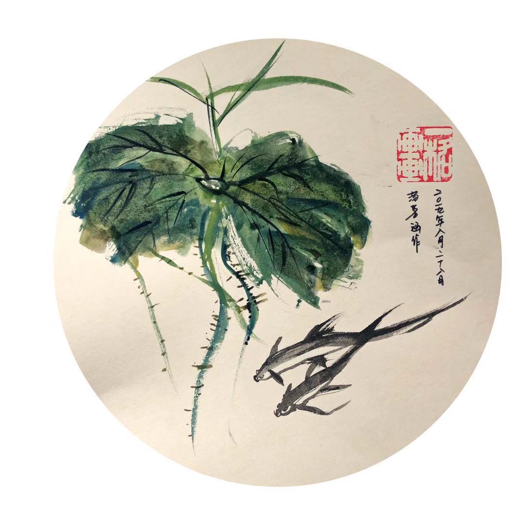 一格画画少儿美术教育学院小学员汤茗涵国画绘画作品《小鱼乐》