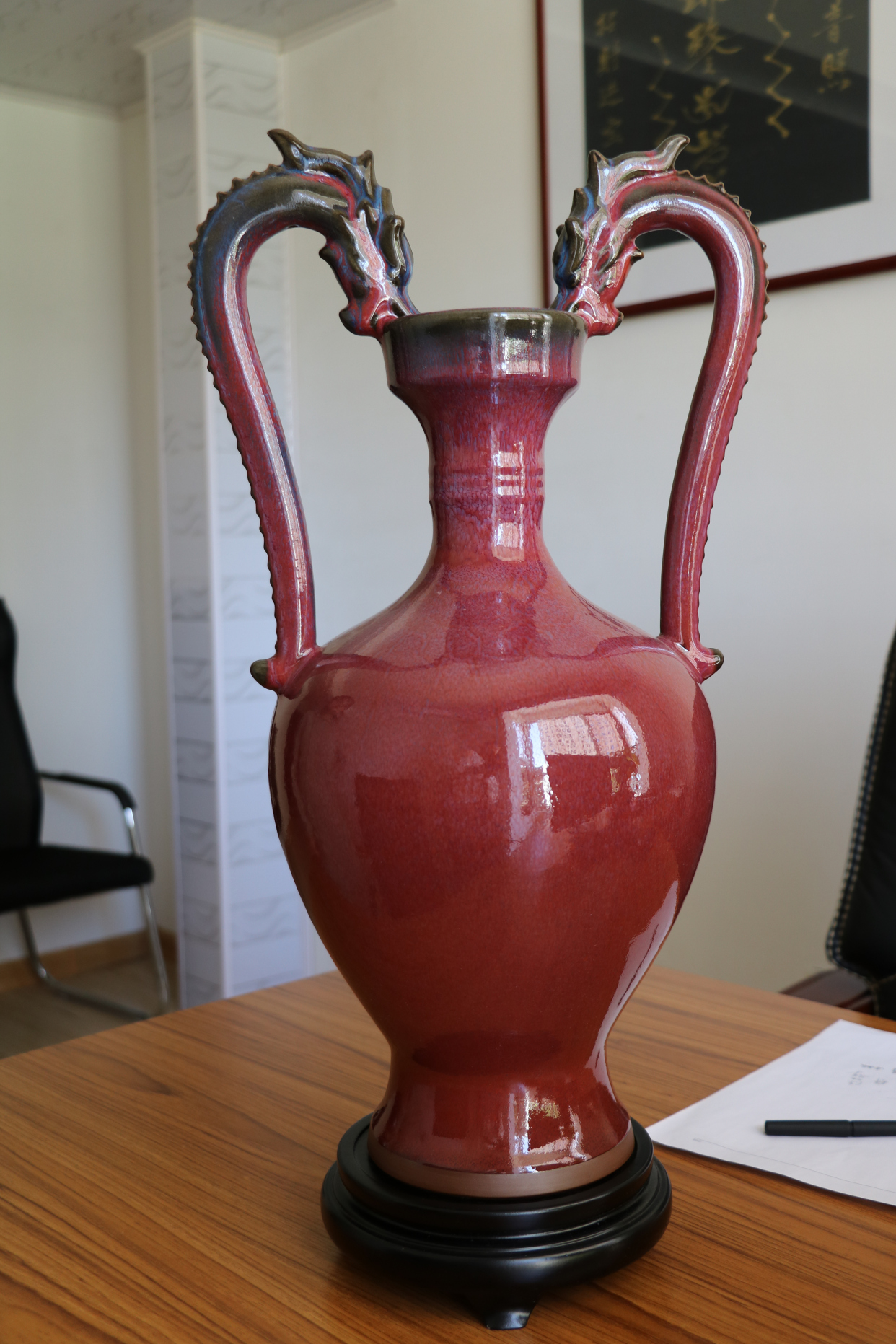 苗长强国礼钧瓷双龙瓶 苗家钧瓷经典代表作品