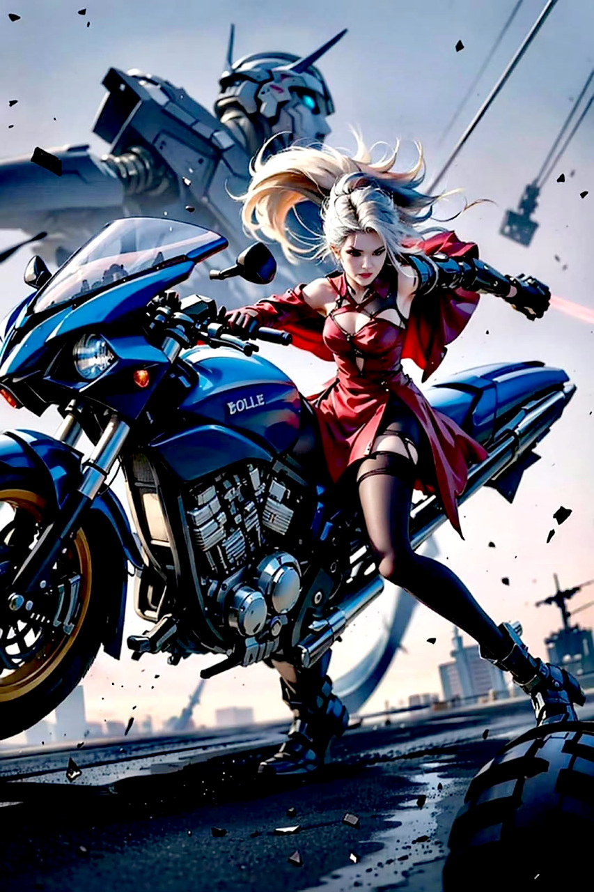 ai创作:少女,机车,与机甲,by 王湾湾. #动漫# #插画# #二次元
