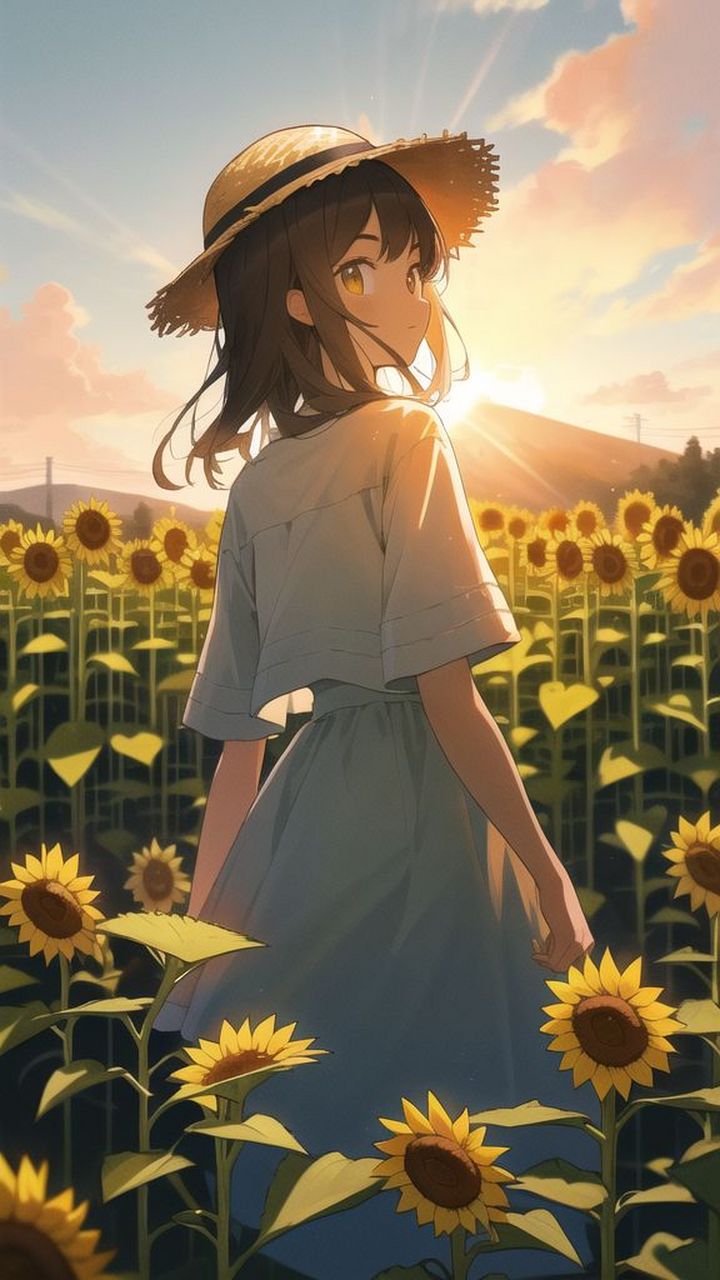 戴草帽在向日葵的田野里回望 #ai共创计划# #觉醒吧二次元# #二次元美