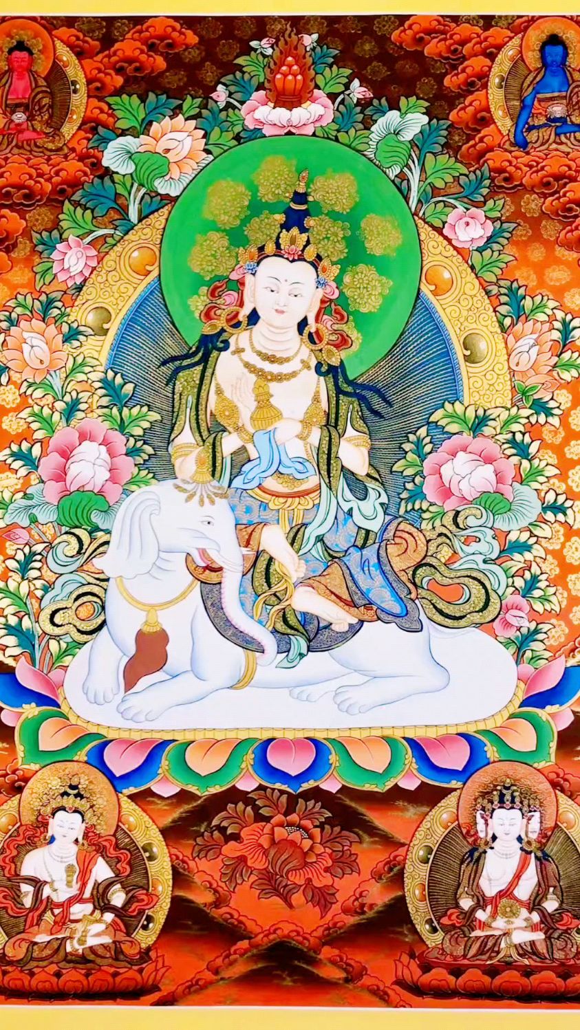 红底彩唐【普贤菩萨】幅面背景祥和喜庆,主尊凸显,宝相庄严唯美.