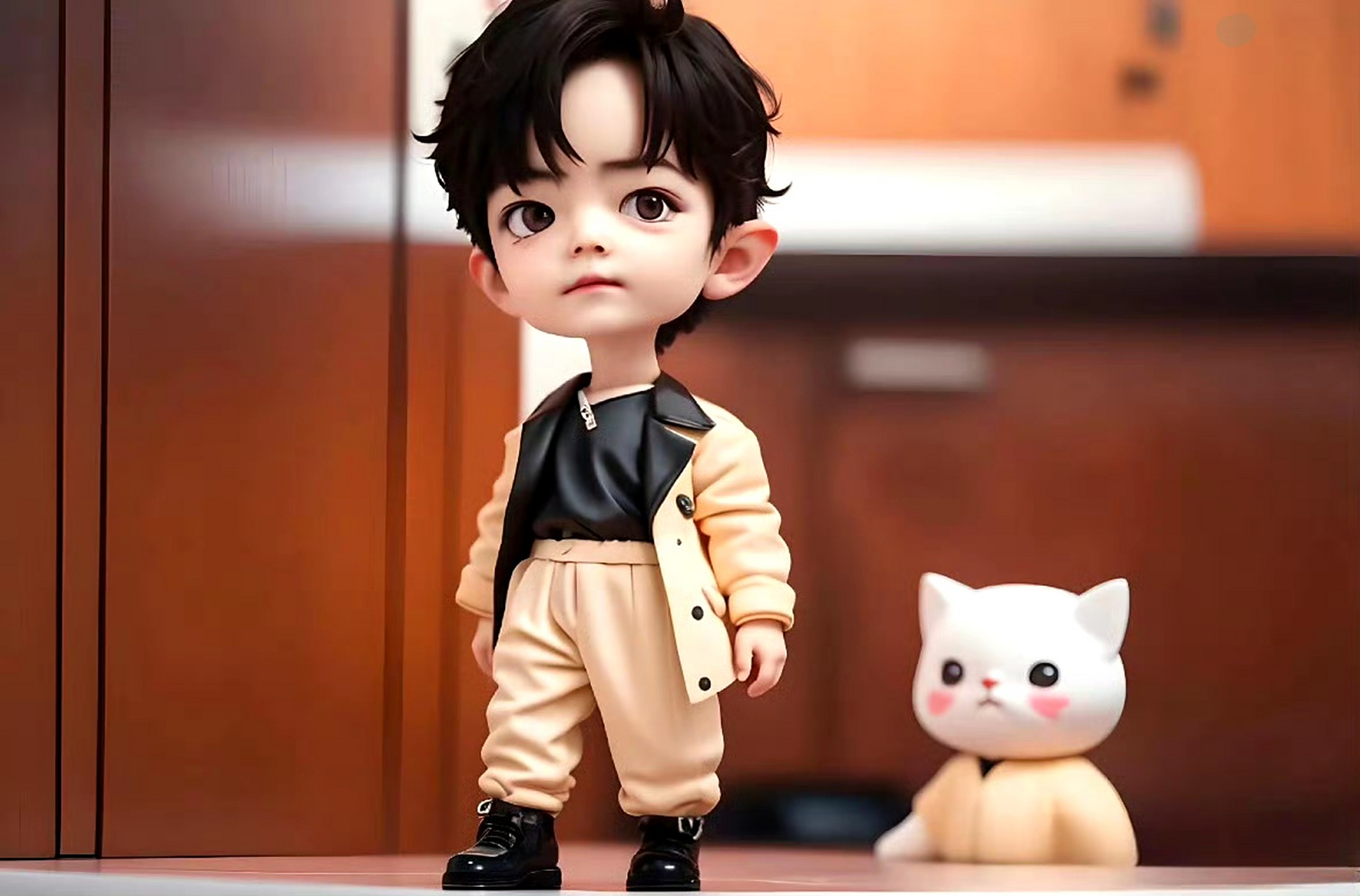 q版ai肖战小萌物的发型,是常见的"水冰月",刘海四六分,非常适合,衣服