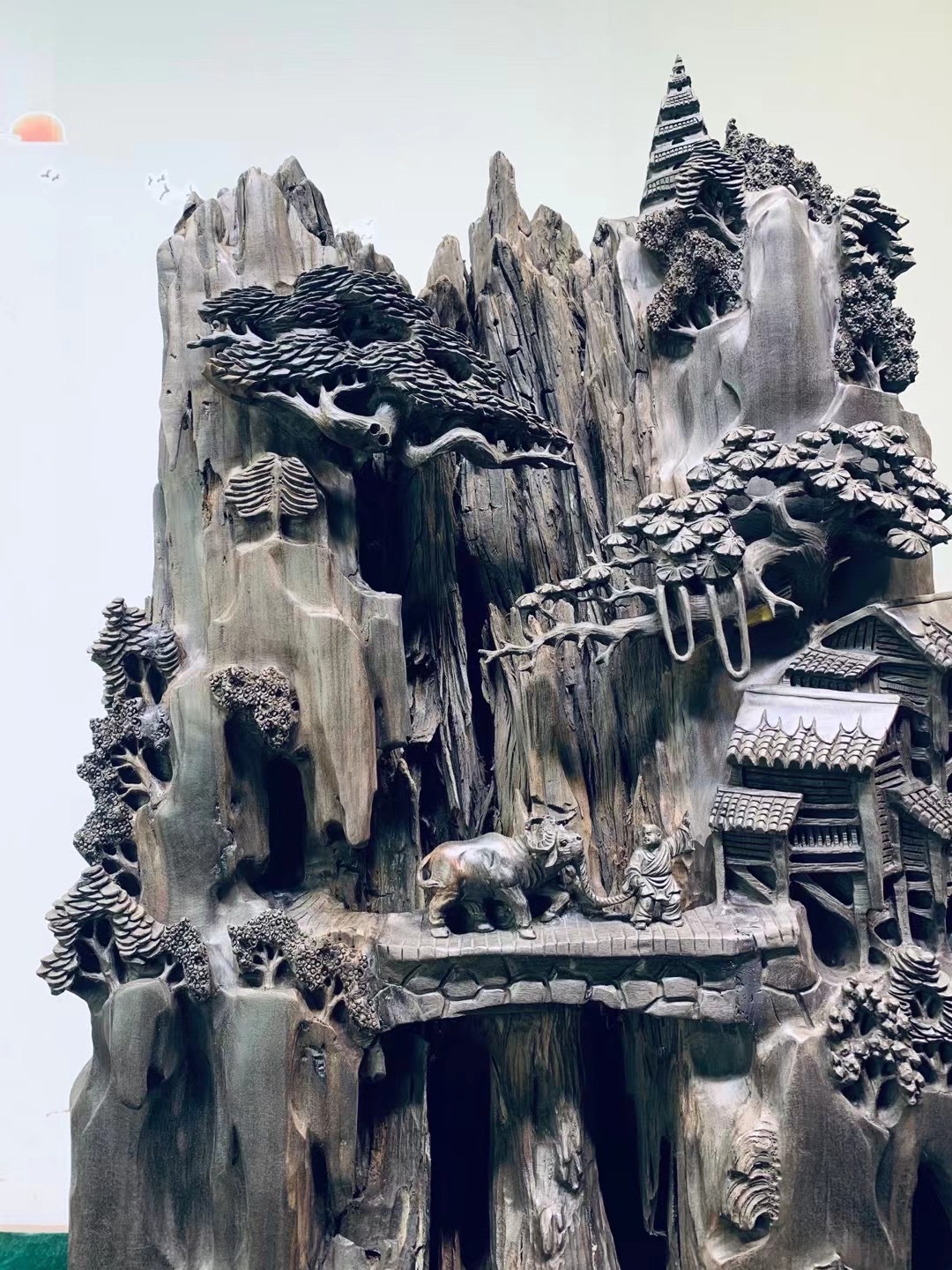 阴沉乌木木雕山水人家工艺品摆件