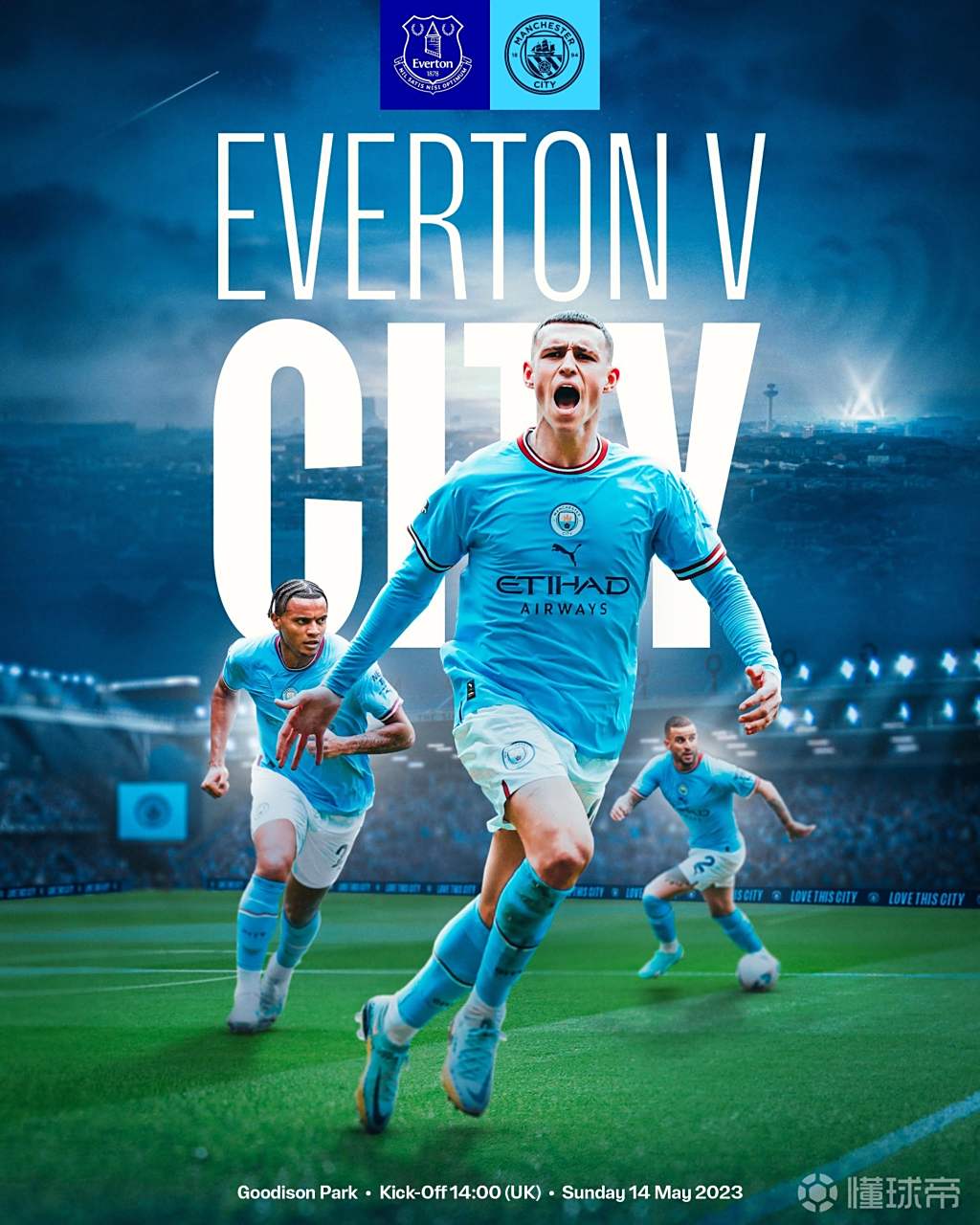 曼城发布客战埃弗顿海报:福登领衔出镜 英超第36轮,曼城将客战埃弗顿