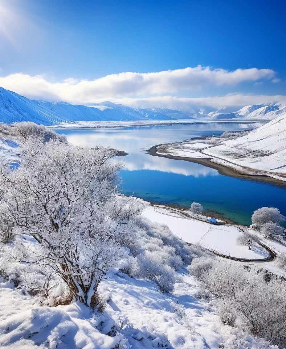 雾凇是由于冬季江水蒸发,遇到寒冷的空气凝结在树枝上形成的