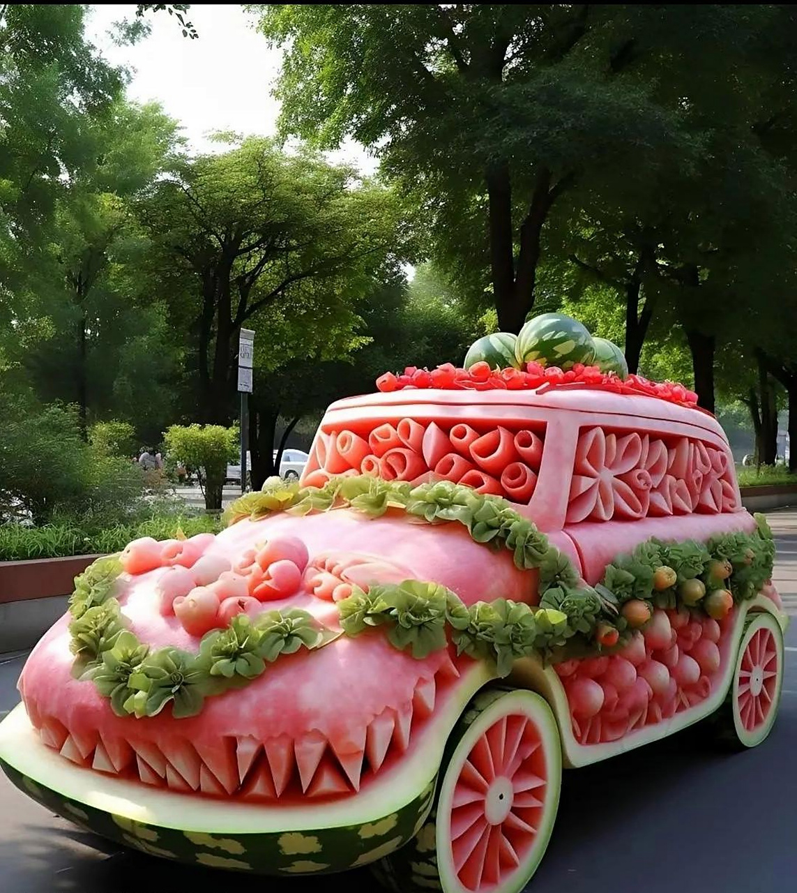 牛人用西瓜雕刻的花车,太美了,你想要哪一辆?#趣图搞笑# #植物趣图