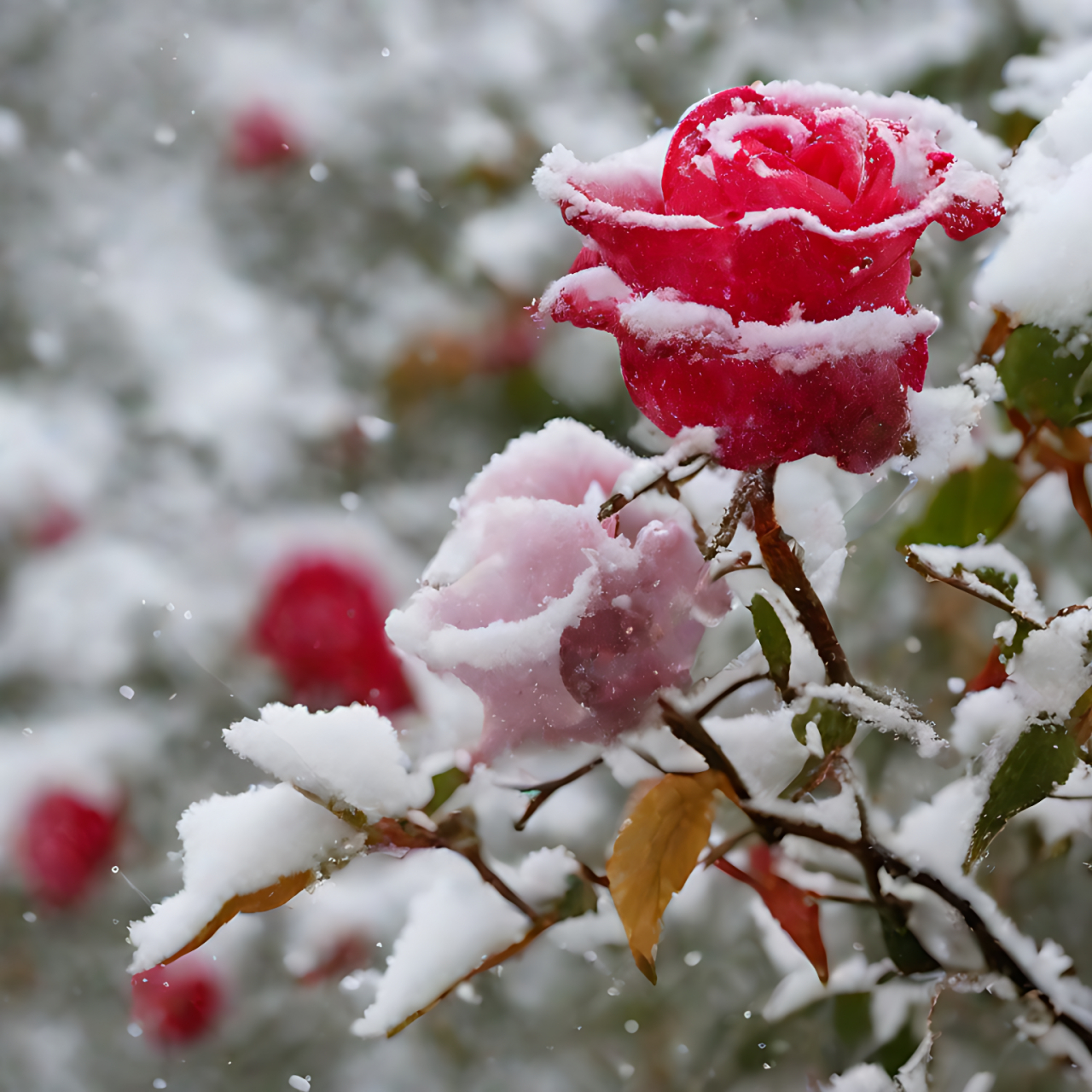 雪中的月季花傲然开放,芳香依旧!#月季花