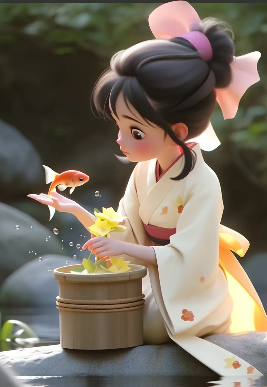 古风汉服溪涧戏鱼小女孩壁纸