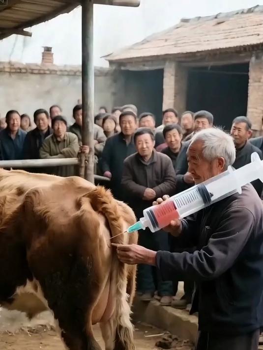 老人用巨型针管给牛打针