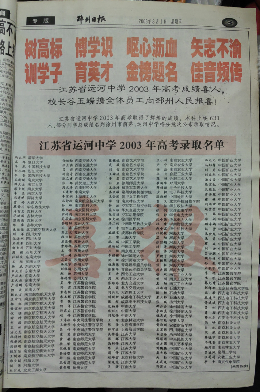 2003年江蘇省運河中學高考錄取名單1:本科上線631