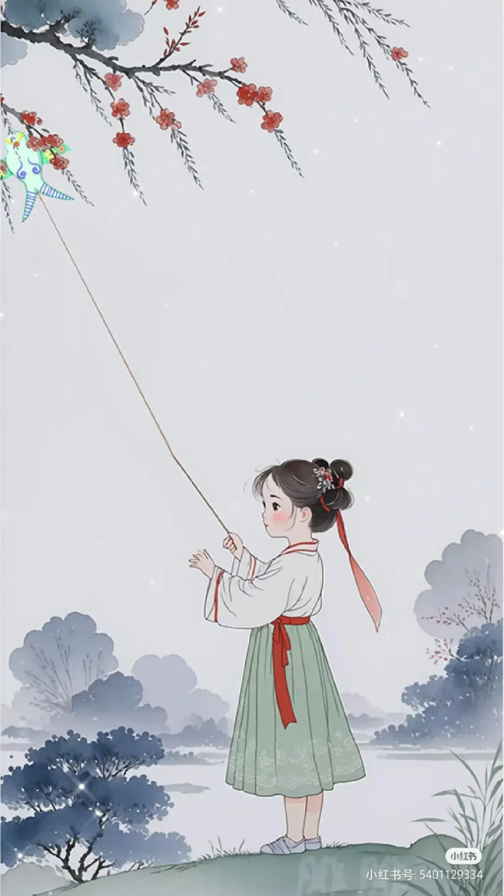 古风插画,放纸鸢的小美女