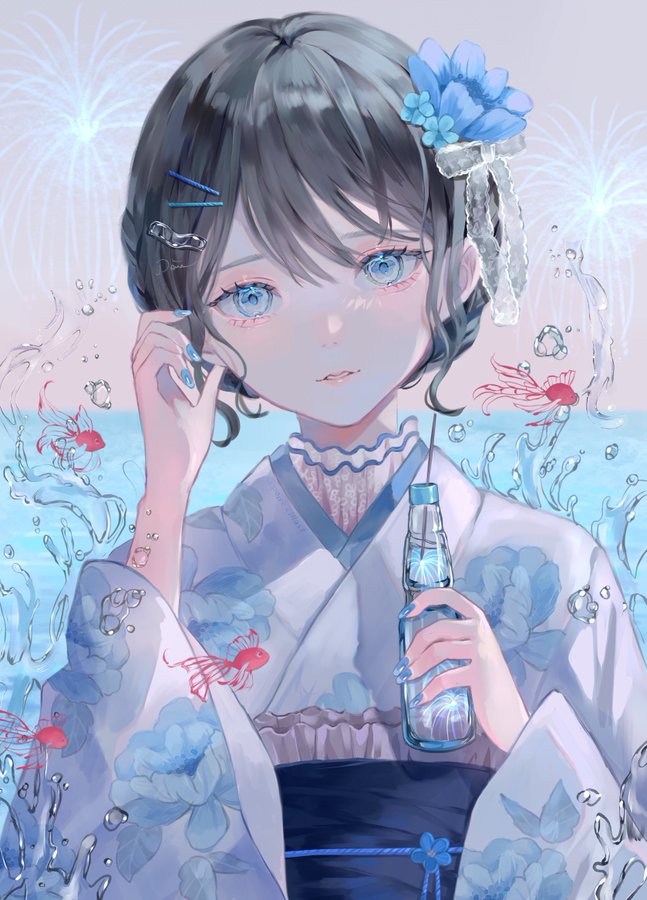 画师poire_illust,夏日的浴衣少女与波子汽水,清冷色调很解暑
