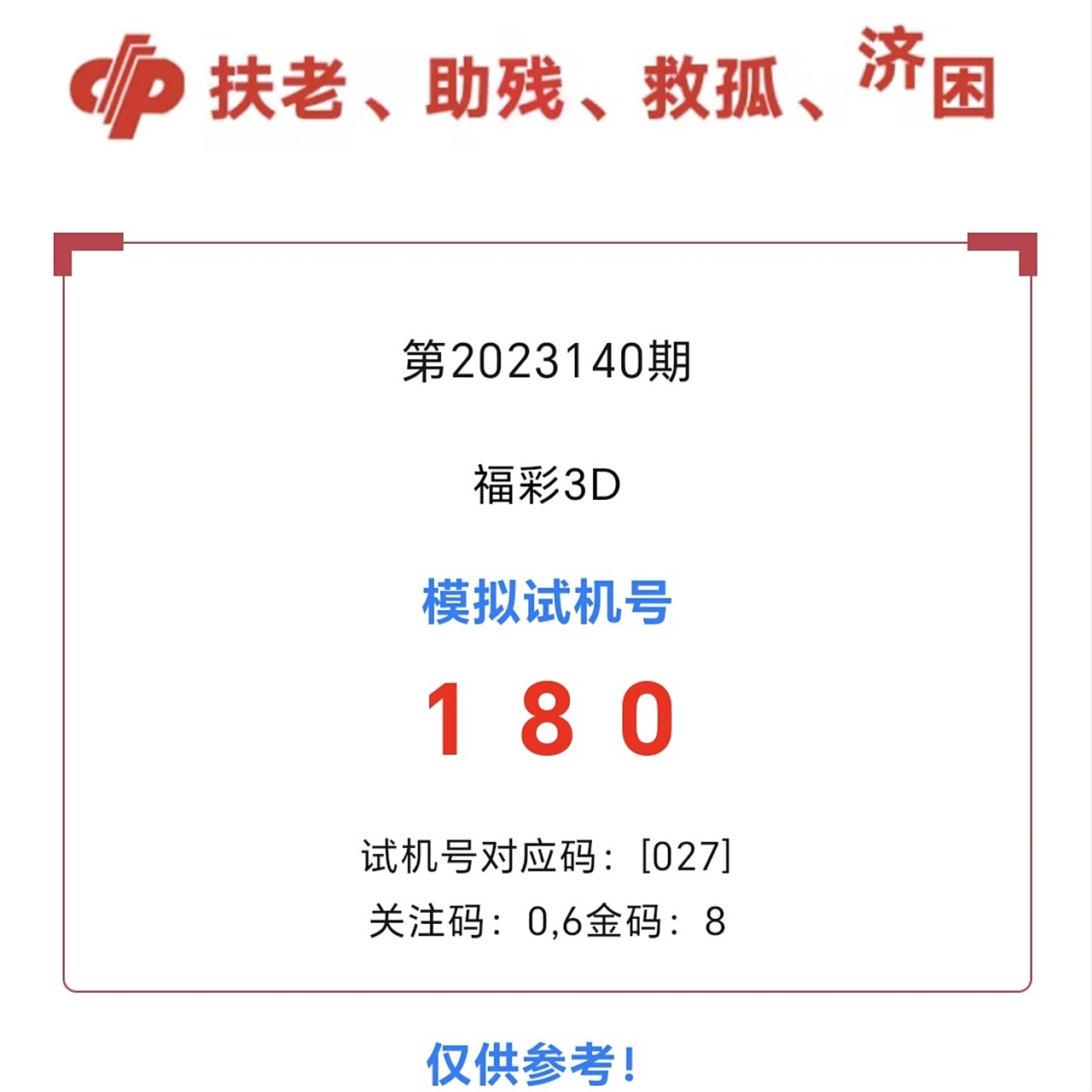 福彩3d模拟试机号——第2023140期